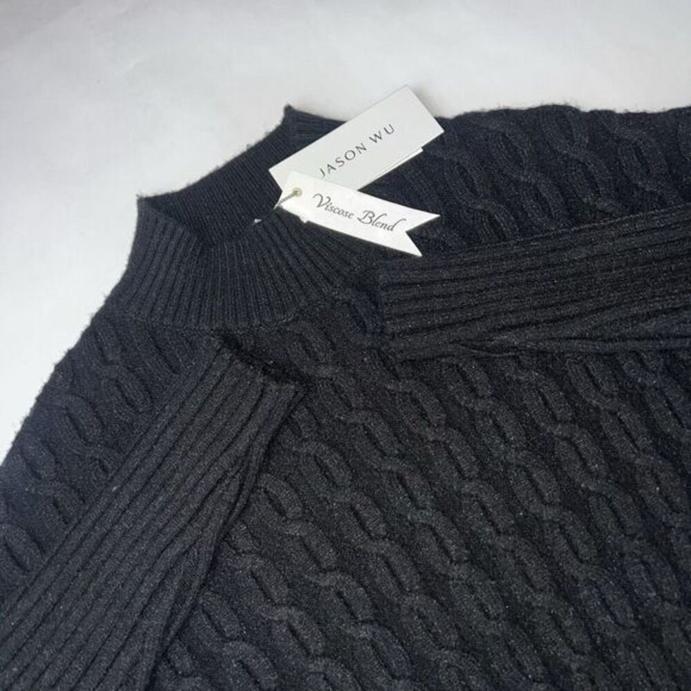 JASON WU‎ Cable Knit Rib Hem & Cuffs Pullover Sweater Black JW453000 Small NWT